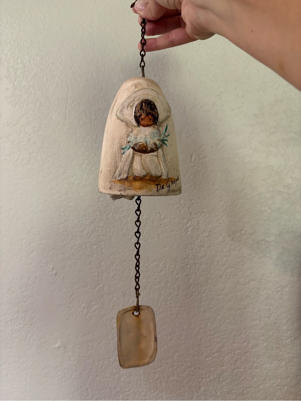 Hand-Painted vintage Ted DeGrazia Cream Angel Bell Hanging wind chime